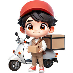 Deliveryman employee man wear red cap and grey t-shirt uniform workwear work as dealer courier hold cardboard box at scooter