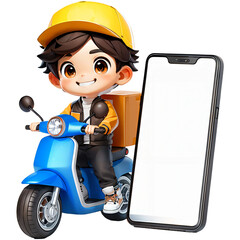 Delivery man riding a  scooter illustration. Food delivery man with smartphone