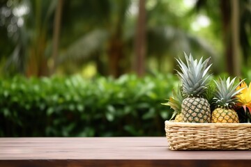 A table close stort in the basket Pineapple garden background Generative AI
