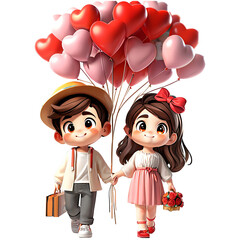 Valentine Couple. Smiling Beauty Girl and her Handsome Boyfriend holding bunch of heart shaped air balloons and walking. Happy Joyful Family. Love. Happy Valentine's Day