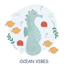 vector illustrations with letterings and sea animals. Cute baby illustrations with phrases for poster, greeting card, banner and flyer. Sea inhabitants and water plants.