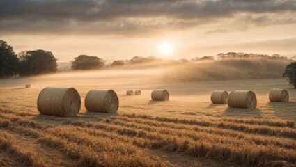 Misty morning sunrise with hay bails in a field. - obrazy, fototapety, plakaty