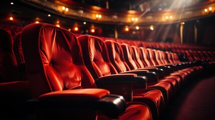 Bright empty red seats in cinema rows - obrazy, fototapety, plakaty
