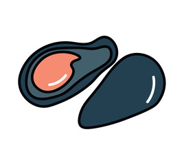 Sea product of food colorful set. The mesmerizing world of seafood with this exquisite mussel-themed illustration captures the essence of ocean treasures against white backdrop. Vector illustration.