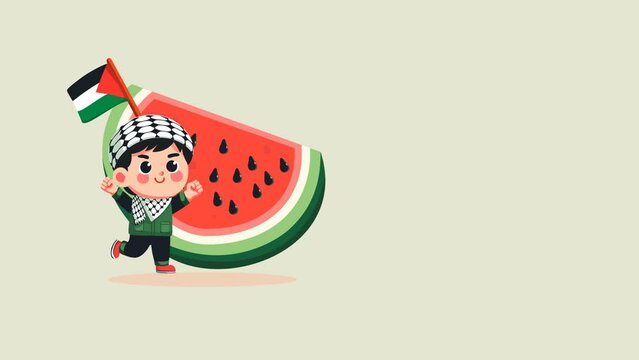 Footage of cartoon animation of Palestinian children wearing scarves and carrying flags. There is a watermelon with a plain background and copy space.