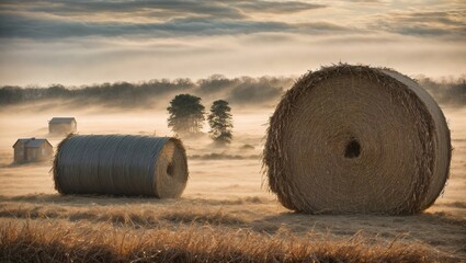 Misty morning sunrise with hay bails in a field. - obrazy, fototapety, plakaty