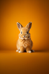 Brown bunny isolated on orange background. Easter concept. Copy space.