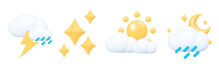 3D Weather set emoji icon. Cloud with sun, rain, moon and lightning. Meteo forecast graphic symbol for app and web. Cartoon creative design icon isolated on white background. 3D vector illustration