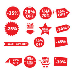 Big sale off red tag with shadow on white background.Shopping sales and discounts promotional labels, vector set.Big sale promo, special offer, hot price only today, special discount, coupon, best off