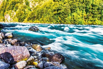 Puerto Varas, Chile - November 10 2014 : the wild petrohue river or stream with water falls,...