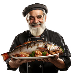 Male chef holding a tray with big fish isolated on transparent background Generative AI