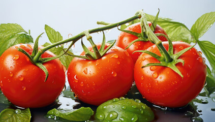 Vivid red tomatoes with glistening water droplets, attached to a vine amidst lush green leaves, embodying farm-to-table freshness.