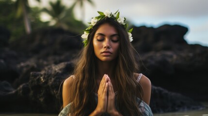 Woman Embracing Hooponopono Practice by the Shore. Woman adorned with a lei engages in the Hooponopono practice, traditional Hawaiian method of finding peace and forgiveness. - obrazy, fototapety, plakaty