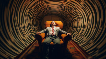 Man Undergoing Hypnotherapy with Visual Illusion. A man sits in chair, seemingly entranced by the hypnotic swirl patterns surrounding him, indicative of a hypnotherapy session. - obrazy, fototapety, plakaty