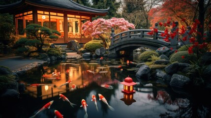 Serene scene of traditional temple adorned with red lanterns and festive decorations, set in a tranquil garden with a koi pond, symbolizing peace and renewal in the new year.