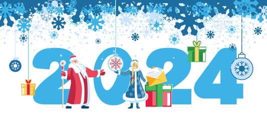 2024. Happy New Year 2024. New Year and Christmas gifts. Santa Claus and Snow Maiden prepare holiday gifts, cards for winter holidays, snowfall from snowflakes. Banner, elements. Vector illustration