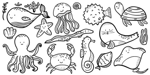 Fish and wild marine animals are isolated on white background. Inhabitants of the sea world, cute, funny underwater creatures dolphin, shark, ocean crabs, sea turtle, shrimp. Flat cartoon illustration