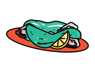 Pasta of food colorful set. The design skillfully presents pasta adorned with succulent mussels, promising a culinary journey that tantalizes the taste buds. Vector illustration.