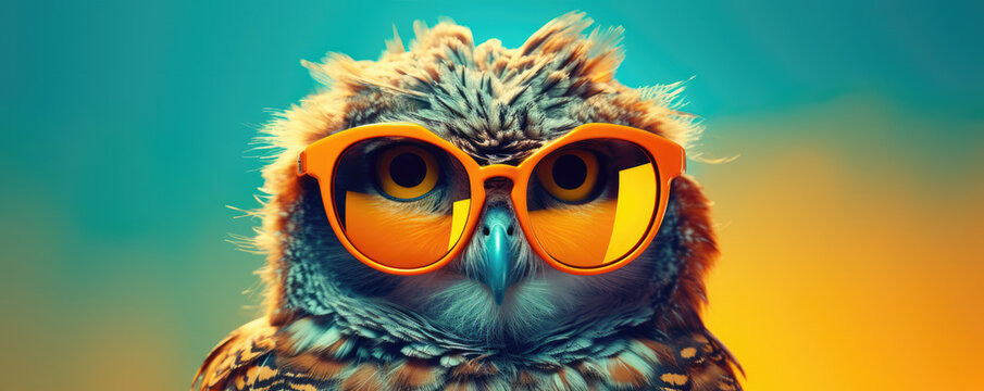 Fashion-forward owl dons orange shades, merging avian curiosity with a hipster vibe on gradient background.