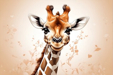feminine graphic design of a chibi kawaii giraffe, cute, pastel colors on solid background