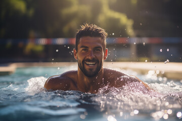 Retrato de un hombre blanco practicando natación en una piscina exterior. - obrazy, fototapety, plakaty