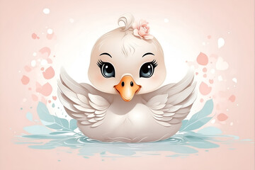 feminine graphic design of a chibi kawaii swan, cute, pastel colors on solid background
