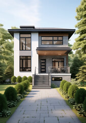 incognito construction gray/white double front house with stone path and a front porch, in the style of bold, black lines, rationalist chic, dark white and light green. classic americana