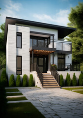 incognito construction gray/white double front house with stone path and a front porch, in the style of bold, black lines, rationalist chic, dark white and light green. classic americana