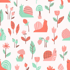 Seamless pattern with cute snails, flowers, leaves and mushrooms on a light background. Pattern for children's clothing and fabric. Flat vector illustration.