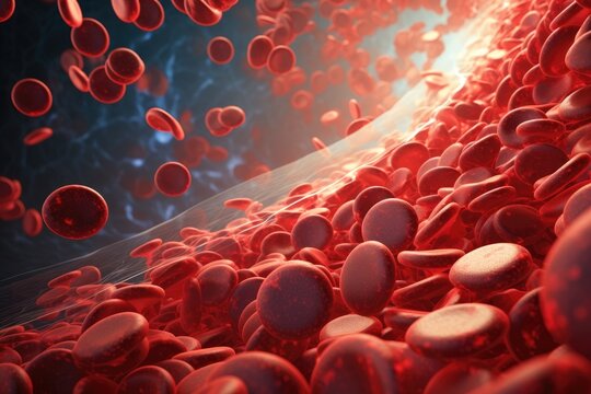 Blood cells in red blood cells. 3d render, 3d illustration, A 3D rendering of a blood vessel with blood cells flowing in one direction, AI Generated