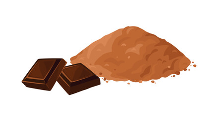 Heap of cocoa powder and pieces of chocolate isolated on white background. Vector cartoon flat illustration.