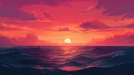  Beautiful orange and pink magenta sunset in the sea. Summer beautiful panoramic landscape background, watercolor or anime cartoon style. © ribelco