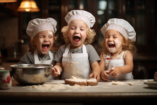 Three little girls in chef's hats are playing with flour and smiling while cooking cookies in the kitchen, A happy family of funny kids baking cookies in the kitchen, AI Generated
