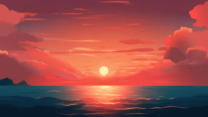 Schilderijen op glas Beautiful orange and pink magenta sunset in the sea. Summer beautiful panoramic landscape background, watercolor or anime cartoon style. © ribelco