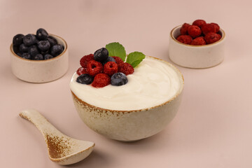 Bowl of Yogurt and Mixed Berries Served on a Table.