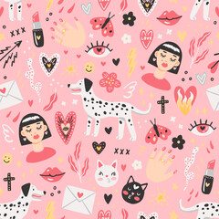 Hand-drawn vector seamless St. Valentine's Day pattern for wrapping paper. Cute texture with doodles - dog, hearts, cats, valentines on pink background
