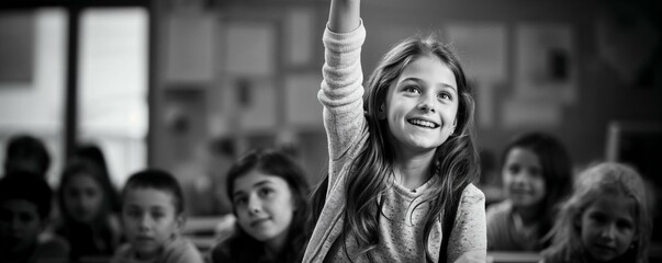 une élève lève la main en classe pour demander la parole, photo noir et blanc format panoramique