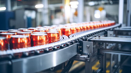 Aluminum can gripping and lifting for swift filling and packaging in an automated manufacturing system. Beverage manufacturing.  - obrazy, fototapety, plakaty