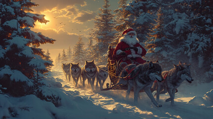 Santa riding a sleigh pulled by wolves under the twilight sky. AI Generated - obrazy, fototapety, plakaty