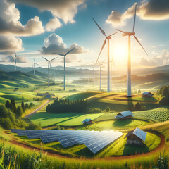 Rural landscape harmonizing renewable energy and environmental preservation. It features green fields, modern wind turbines, a solar panel field, rolling hills
