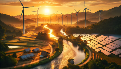 Rural landscape at sunset, featuring a river, wind turbines, a solar farm, and mountains, illustrating the synergy of nature and renewable energy technologies