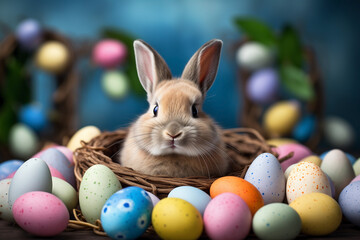 Fototapeta na wymiar Rabbit surrounded by painted eggs on Easter background.