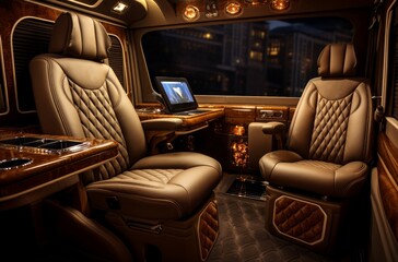 High-tech Luxury van interior. Window vacation. Generate Ai
