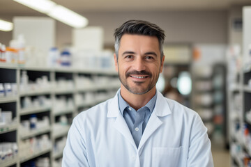 Fototapeta premium Professional male pharmacist in a modern pharmacy.