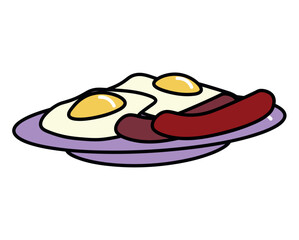 Product for breakfast of food colorful set. The fried eggs with sausages command attention against the pristine white background, inviting you to indulge. Vector illustration.