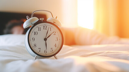 closeup alarm clock on blur man sleeping on the bed. Generative AI.