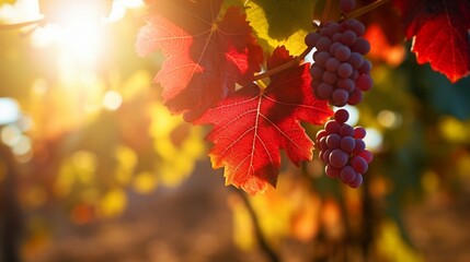 Feel the embrace of fall in the vineyard, where the closeup view of red grapevine leaves captures...