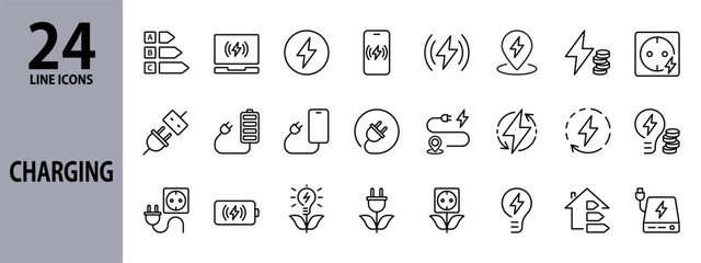 Charging line icons set with Battery, Charging Station, Fast Charging, Phone and Laptop Charging, Socket, Outlet, Cable, Recharge. Editable stroke