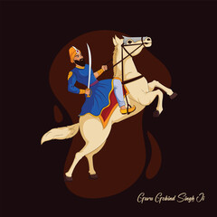 Obraz na płótnie Canvas Vector Illustration Guru Gobind Singh ji Jayanti Or Gurupurab with Warrior Horse dark background Editable Post Template 