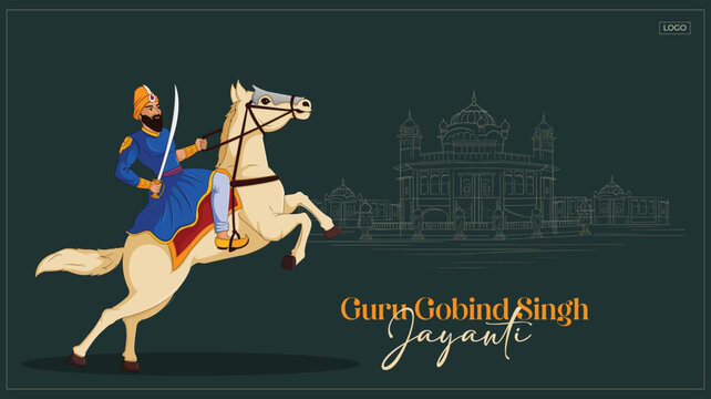 Vector Illustration Guru Gobind Singh ji Jayanti Or Gurupurab with Warrior Horse and golden temple background Editable Template 